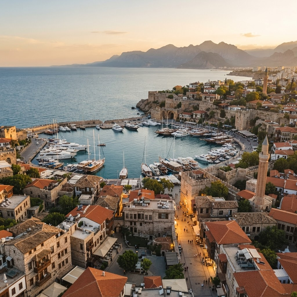 Antalya coastline seen from above at golden hour