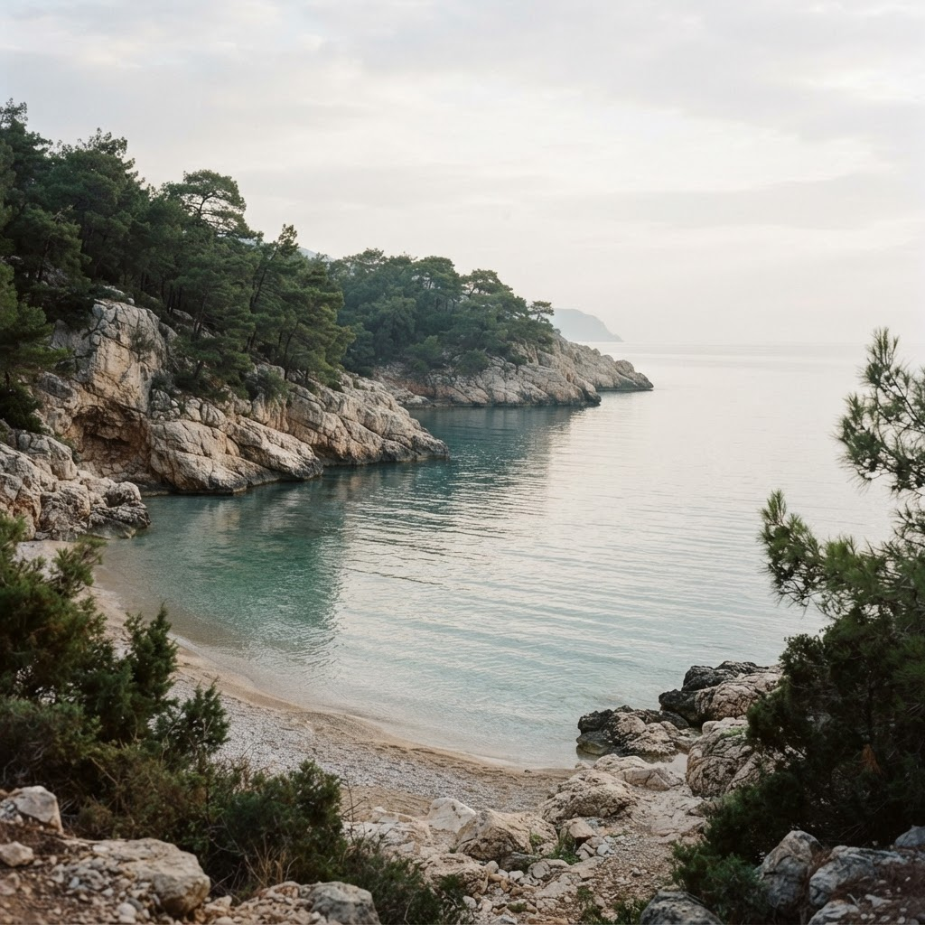 A quiet Mediterranean cove near Antalya framed by pine trees