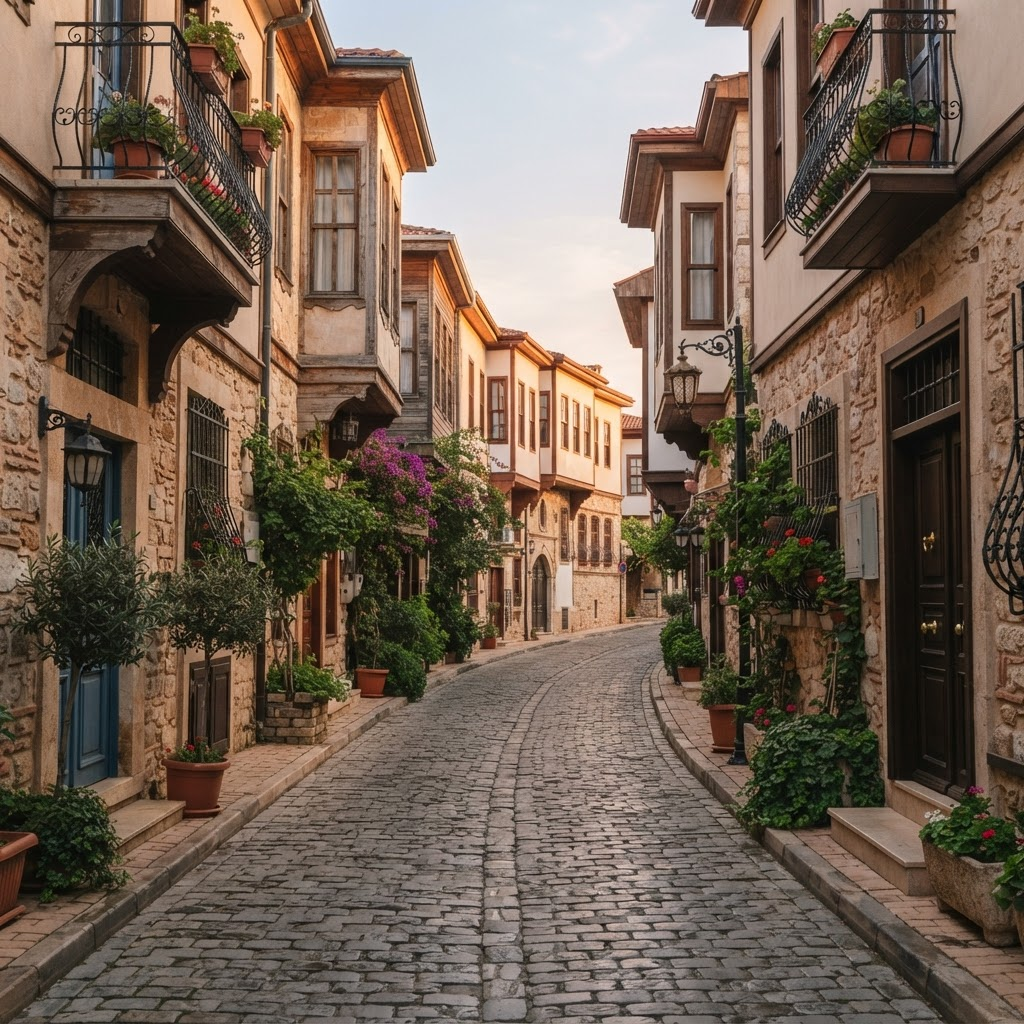 An elegant, quiet street in Antalya's historic Kaleici quarter at dawn