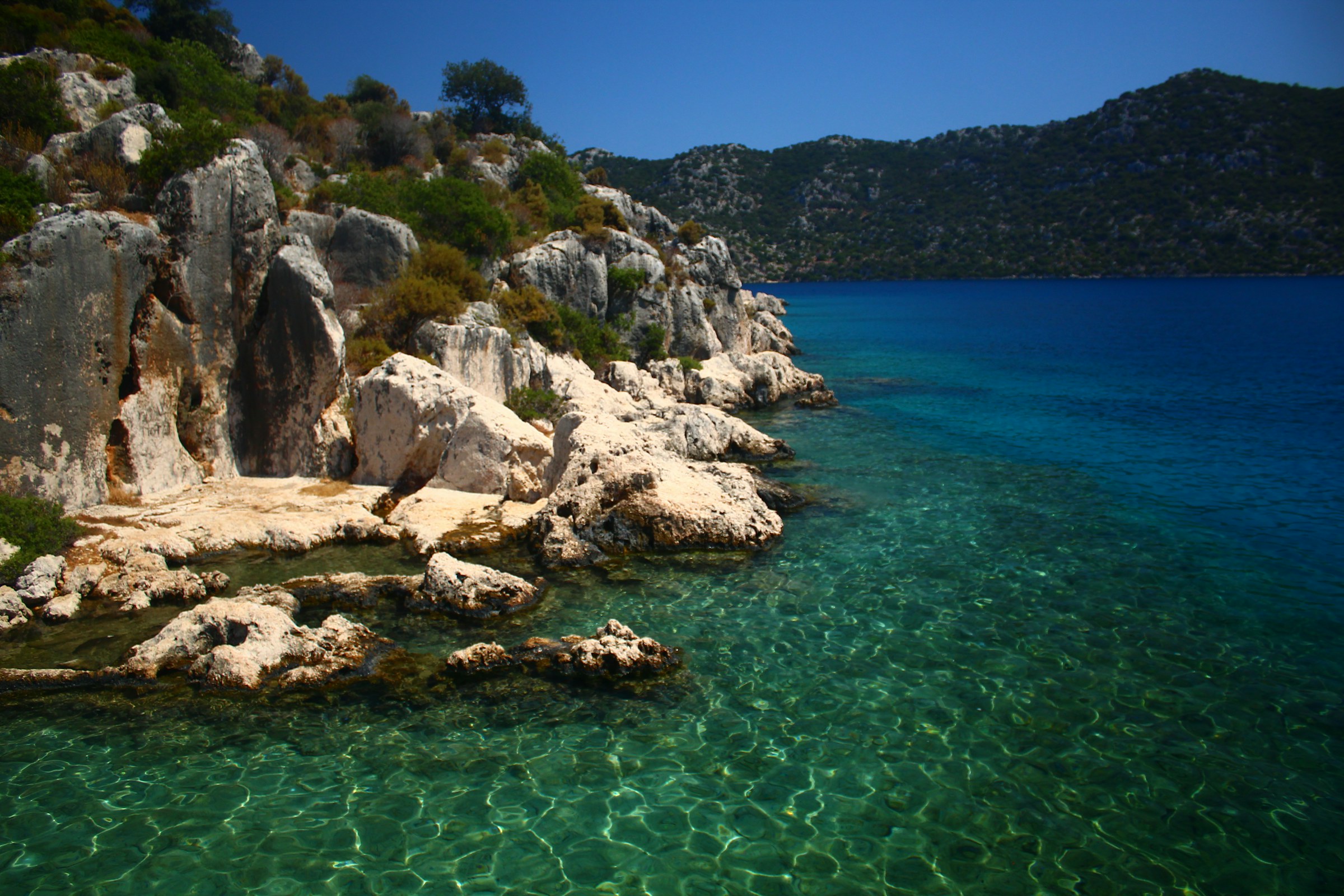 Turquoise water and rocky Mediterranean coastline at Kekova