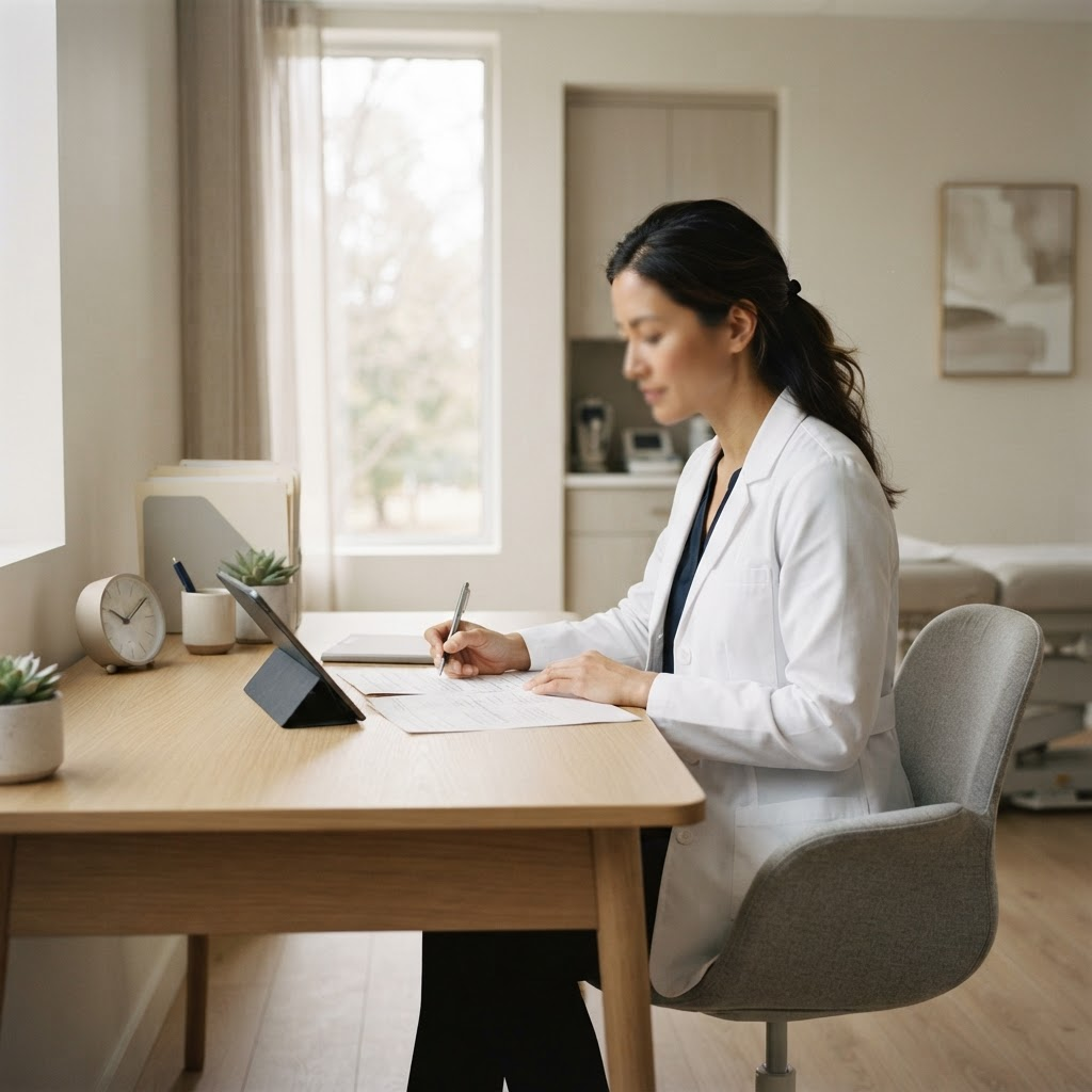 Clinical professional reviewing notes during a consultation