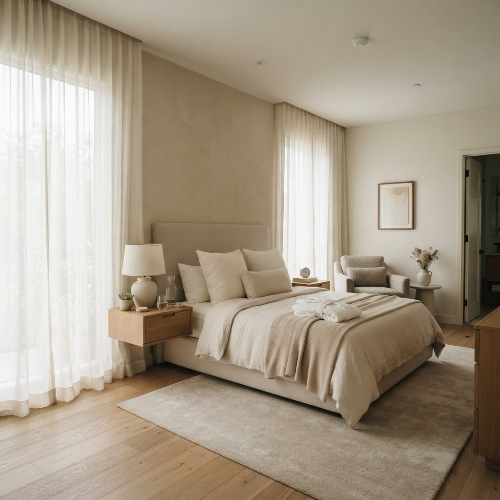 A calm, comfortable hotel room arranged for restful recovery
