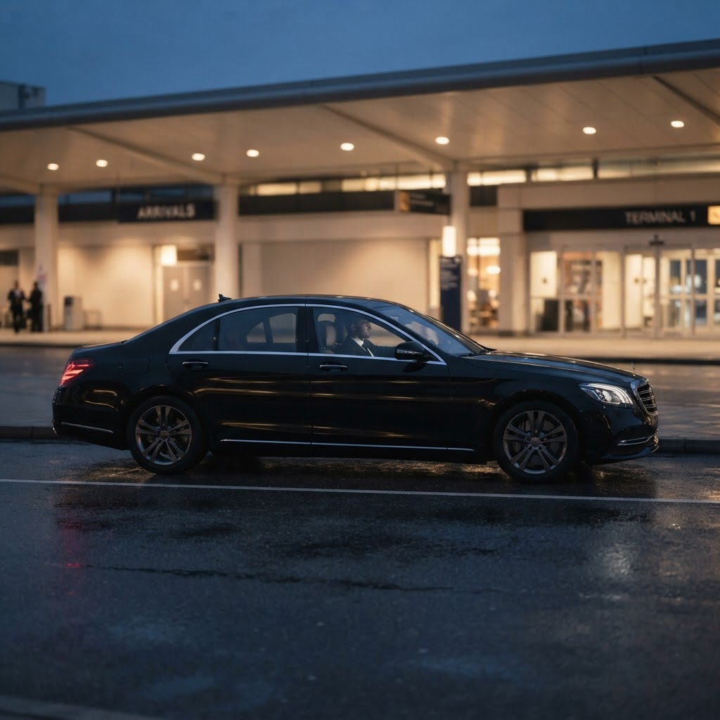 A private premium car waiting at airport arrivals in the evening